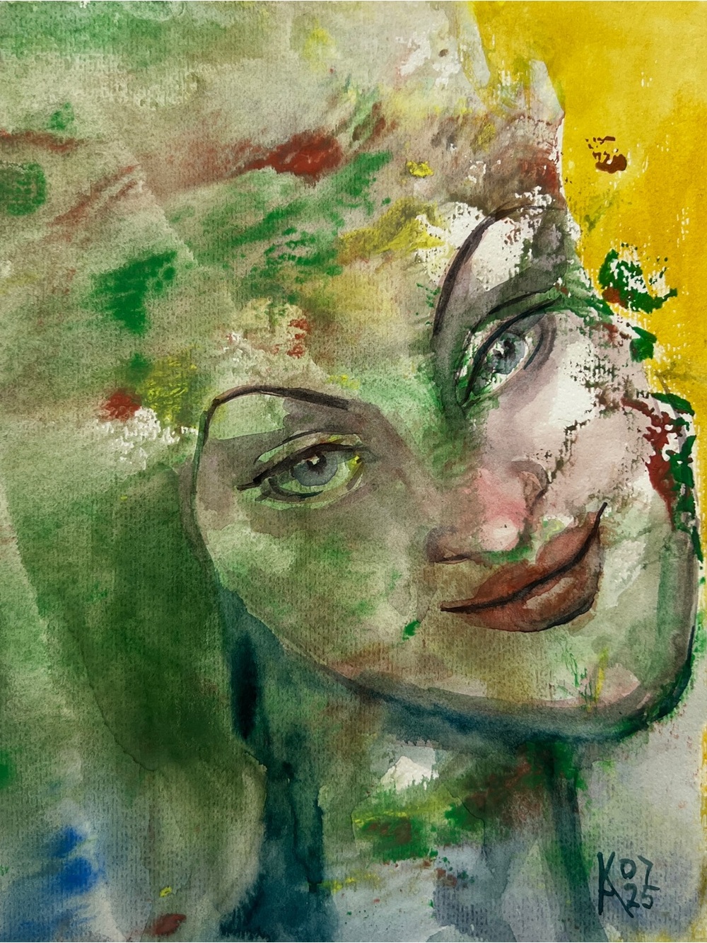 Abstract Watercolor Portrait Wall Art in Green and Yellow
